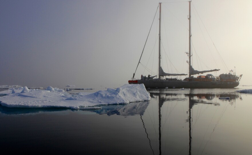 The Tara expedition spent three years sailing around the world on this 110-foot schooner. Here, it is seen in the Arctic.