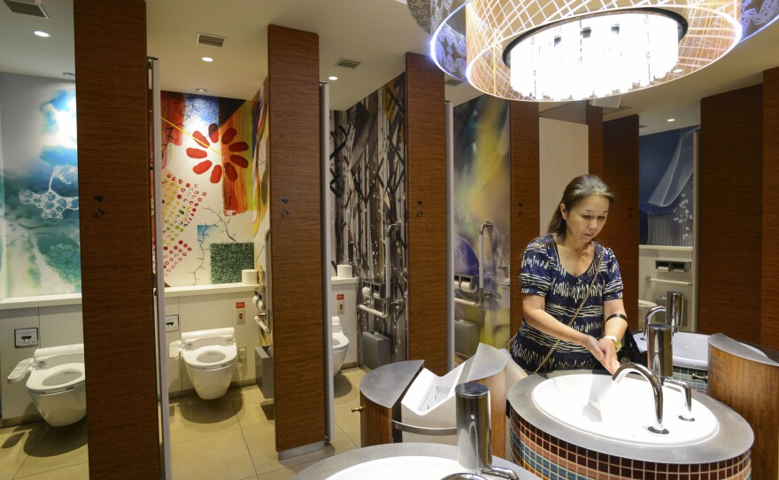 Eiko, 61, lives in Tokyo, where public toilets were once dirty. As the city's economy advanced, so did its bathrooms. Every time Eiko uses the restroom at a nearby department store, she says, "I feel so relaxed. I could spend many hours here!"