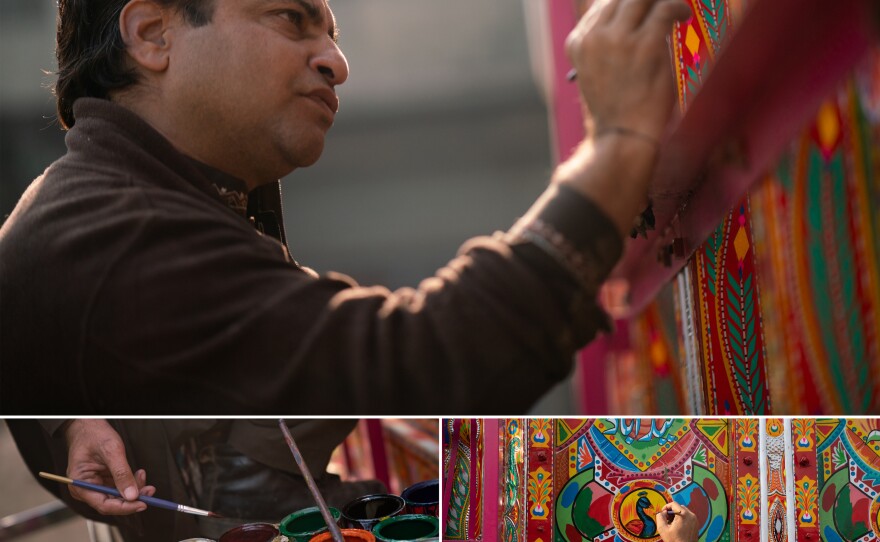 Top: Irfan Muhammad, 40, has been painting trucks for 20 years. Bottom left: Muhammad's numerous paints. Right: Muhammad's favorite subject to paint is peacocks.
