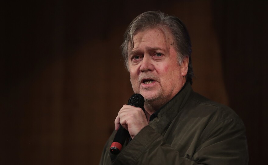 Former adviser to President Donald Trump and executive chairman of Breitbart News Steve Bannon speaks at a campaign event for Republican candidate for the Senate in Alabama Roy Moore on September 25, 2017, in Fairhope, Ala.