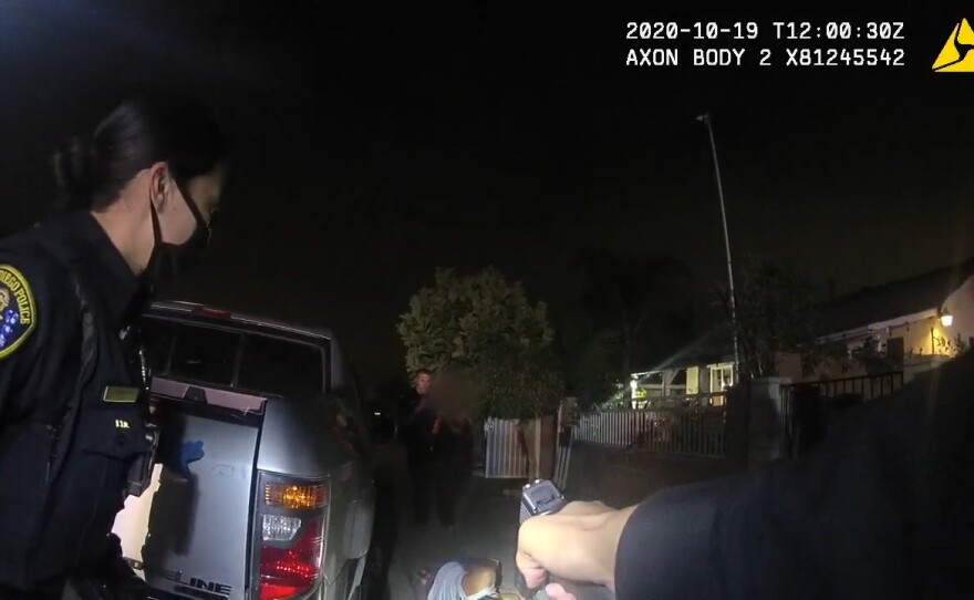 A still from a body-worn camera footage shows the moments after an SDPD police officer shot and killed 30-year-old Jose Alfredo Castro Gutierrez in the Mountain View neighborhood on Oct. 19, 2020.