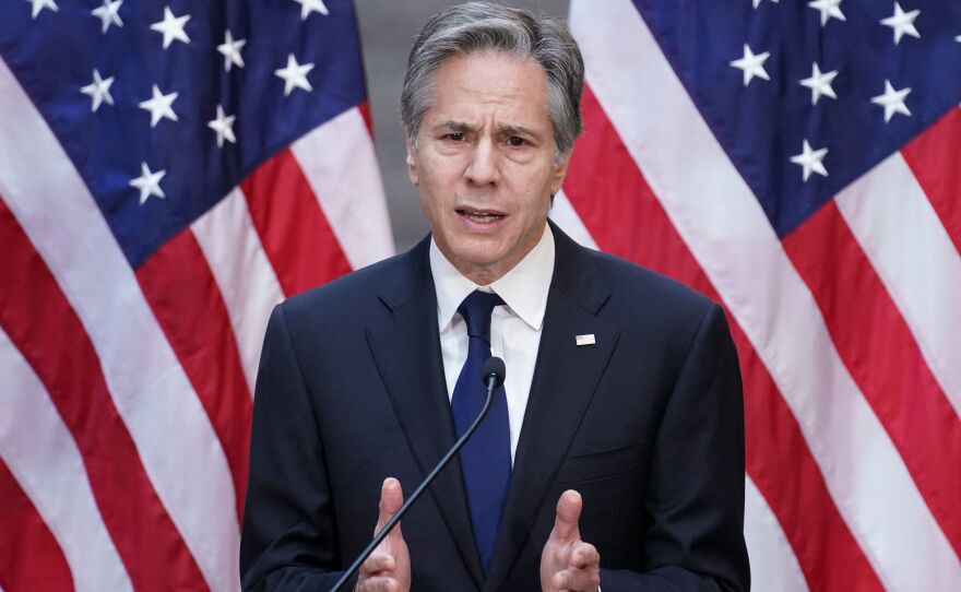 US Secretary of State Antony Blinken speaks after viewing the "Burma's Path To Genocide" exhibit at the United States Holocaust Memorial Museum in Washington, D.C., on Monday.