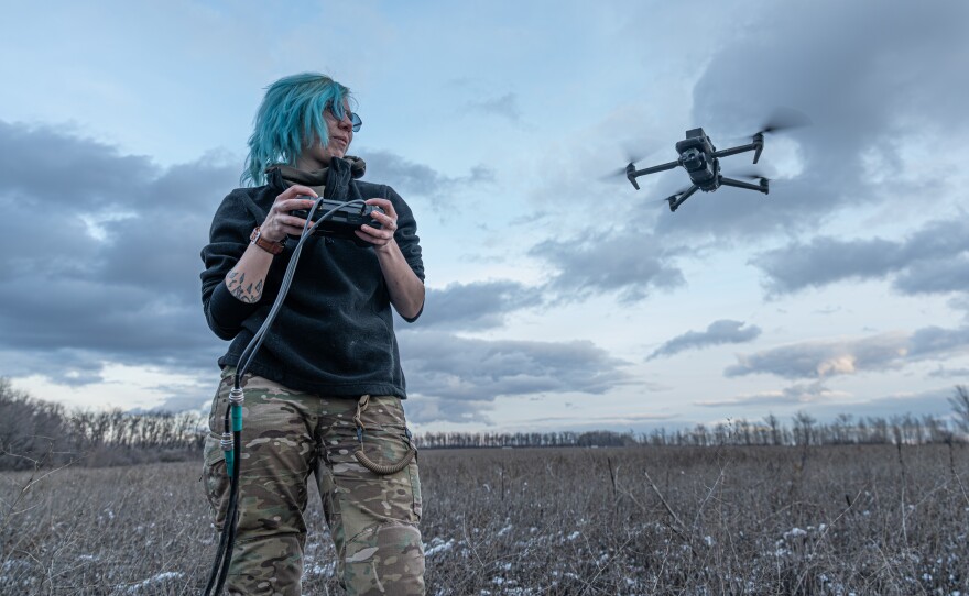 Daria, a reconnaissance drone pilot of Ukraine's Khartiia 13th National Guard Brigade, conducts a training flight in northeastern Ukraine earlier this year.