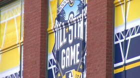 All-Star game logo hangs in the window of the Western Metal Supply Co. building in downtown San Diego. April 25, 2016. 