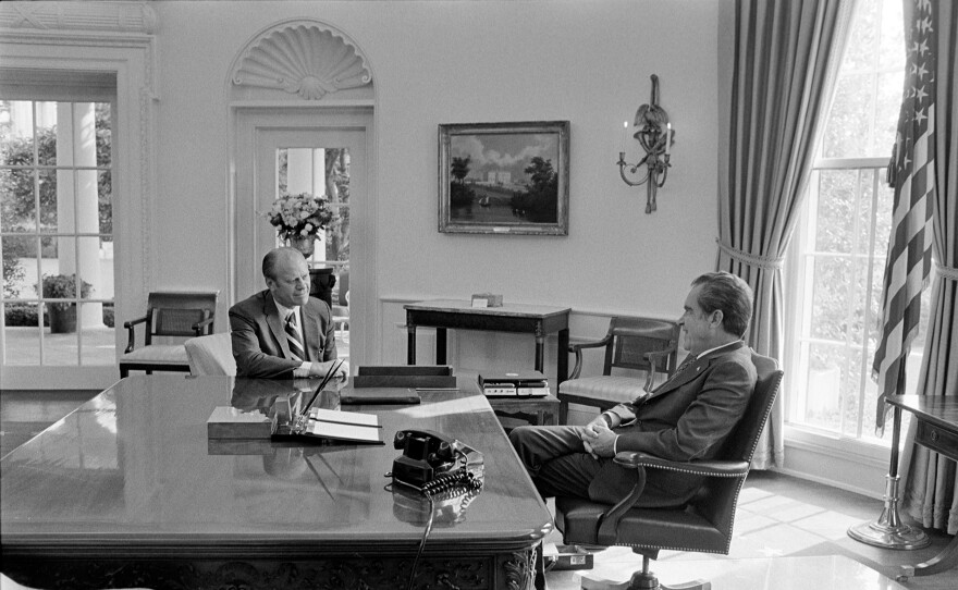 President Richard Nixon meeting with Rep. Gerald Ford in the Oval Office the day before announcing Ford as his pick for Vice President in 1973.