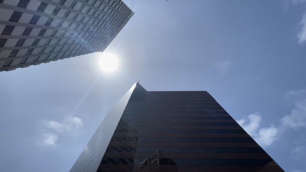 The sun shines down on the Wells Fargo building in downtown San Diego on a spring afternoon.
