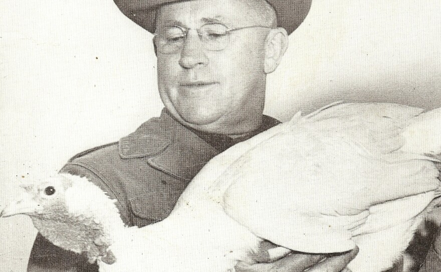 Stanley Marsden, a U.S. Department of Agriculture scientist, with the Beltsville Small White turkey, a breed he developed beginning in 1929. The breed now is critically endangered but making a small comeback.