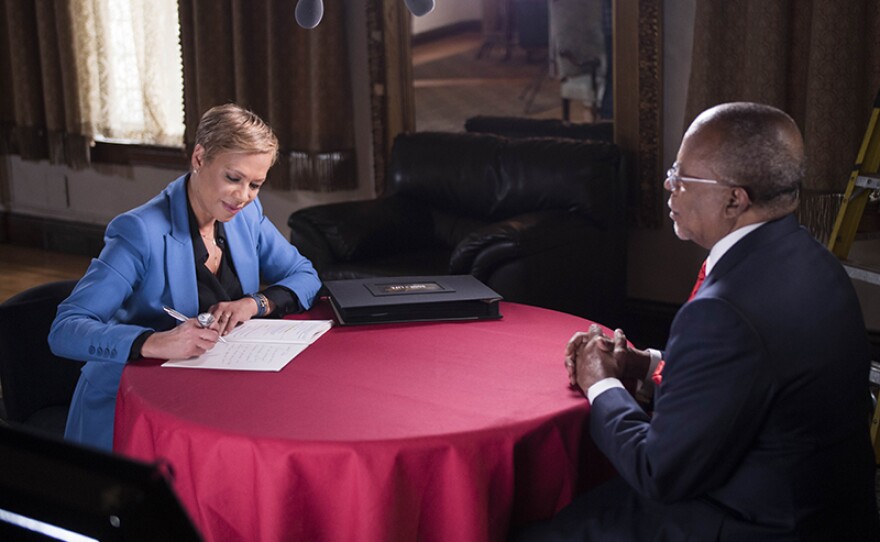 Henry Louis Gates, Jr. with Tonya Lewis-Lee on the set of FINDING YOUR ROOTS, Season 4.