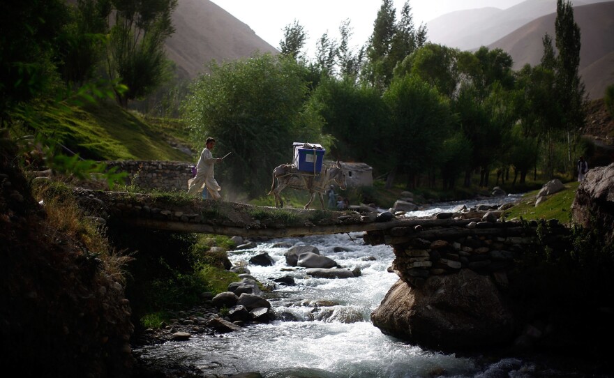 A boy and his donkey cross a stream while on their way to the village of Quali Kuana in Afghanistan's Badakhshan province.