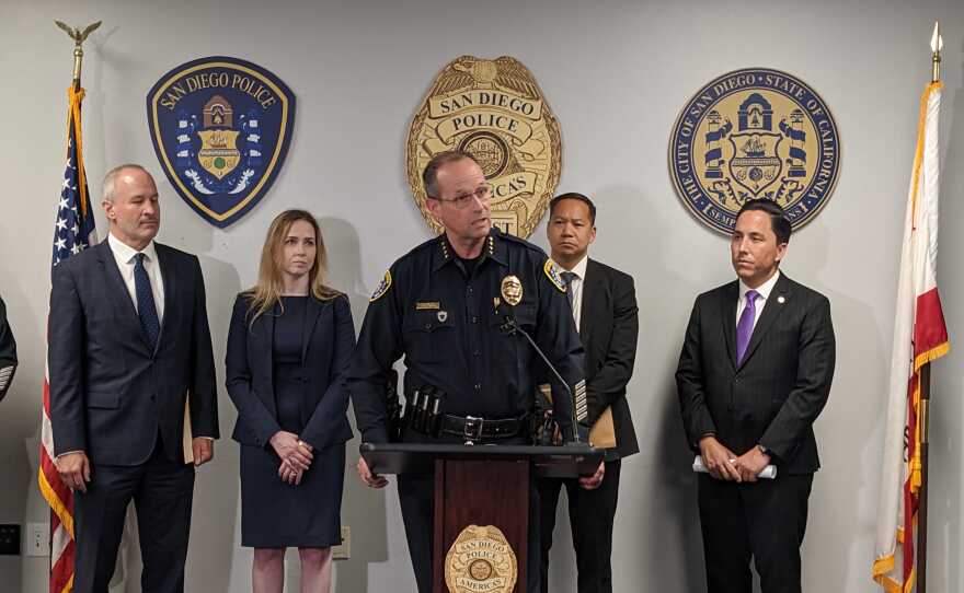 A photo shown from the left: Deputy District Attorney Robert Hickey, Deputy District Attorney Miriam Hemming, San Diego police Chief David Nisleit (speaking), FBI Special Agent in Charge Stacey Moy and Mayor Todd Gloria, taken on Oct. 31, 2022.