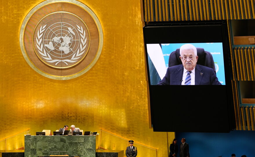 Palestinian President Mahmoud Abbas speaks via pre-recorded video after being denied a visa to attend in person during the 81st session of the United Nations General Assembly at United Nations headquarters, Thursday, Sept. 24, 2026.