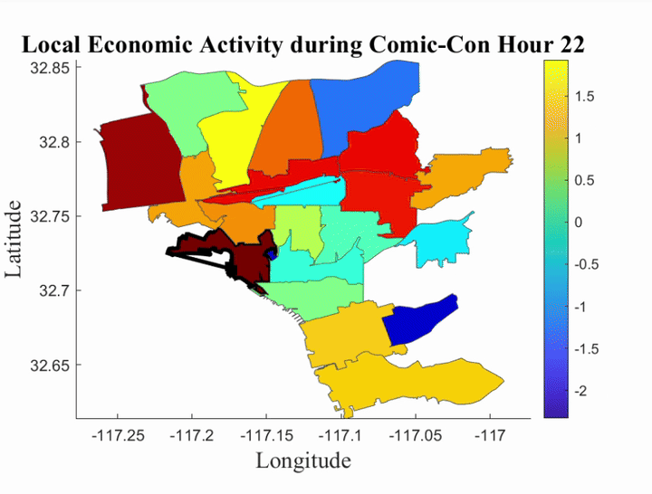 A map visualizing fluctuations in economic activity during Comic-Con is shown in this undated graphic from a UC San Diego model.