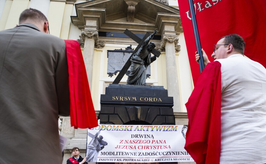 Catholics gathered in front of Warsaw's church of Holy Cross in an anti-LGBT protest in May.