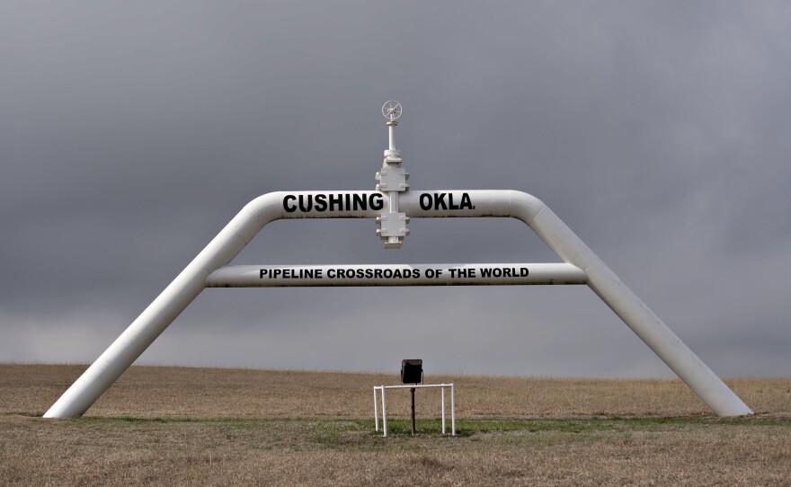 A pipeline replica sign in Cushing, Okla., in 2015.