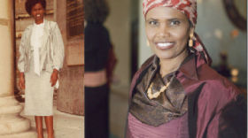 Amina Farah is a case worker at the International Refugee Committee in San Diego. Each day, she wears a long skirt and a head scarf to work (as seen in the picture on the right). She's a Muslim, but back when she lived in Somalia (picture on the left), it was okay to wear a mini-skirt. Nowadays, the newcomers from her homeland expect a woman to dress more modestly ever since Islamists came to dominate her war-wracked homeland.