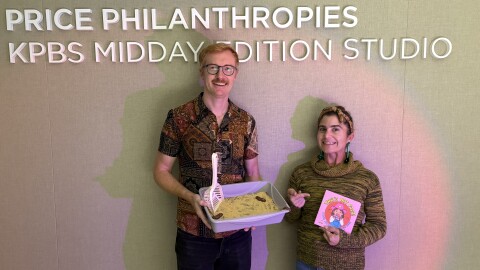 The photo shows San Diego author Mara Altman and her book "What's Not Food!" pictured alongside KPBS' Andrew Bowen on October 15, 2025.