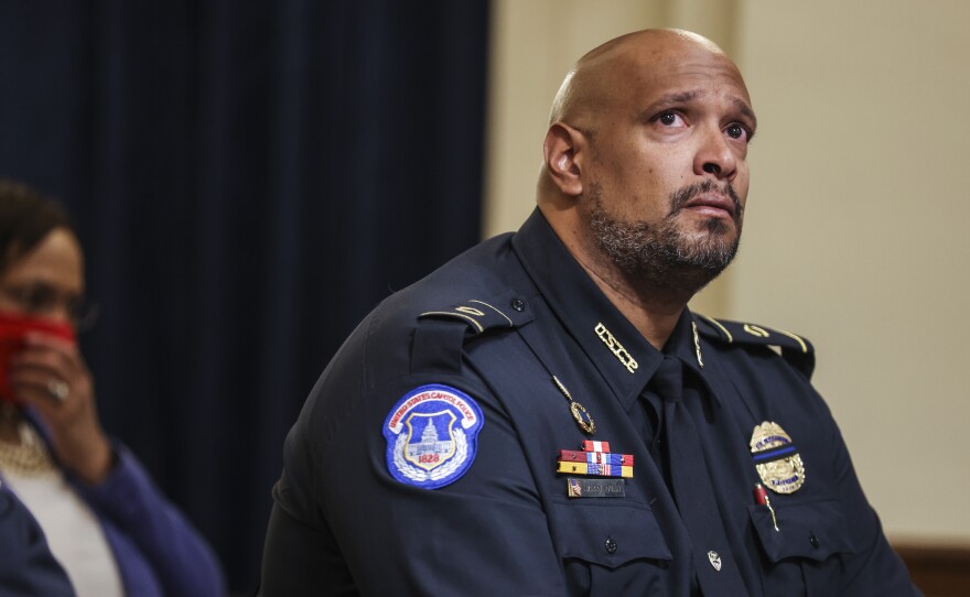 U.S. Capitol Police Sgt. Harry Dunn testifies during the House select committee hearing on the Jan. 6 attack on Capitol Hill in Washington Tuesday.