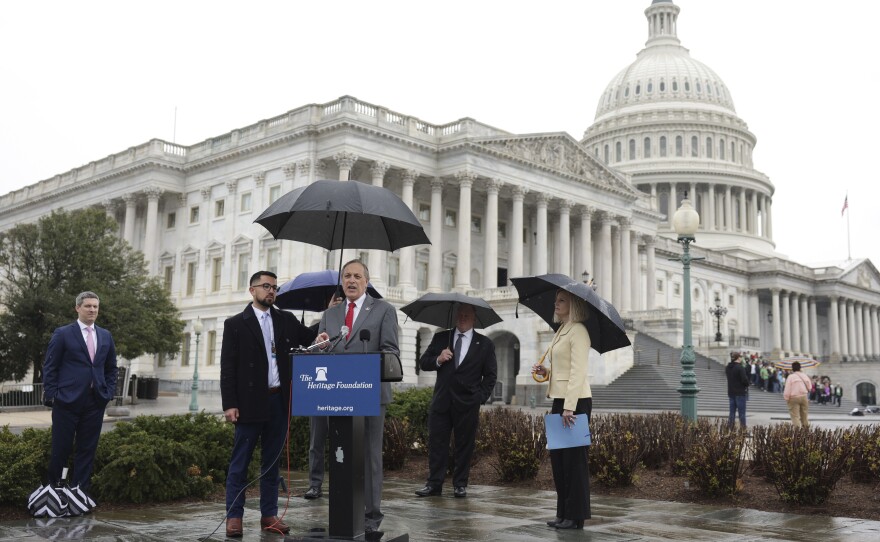Rep. Andy Biggs speaks on Title 42 at a news conference outside the U.S. Capitol on April 05, 2022 in Washington, DC.