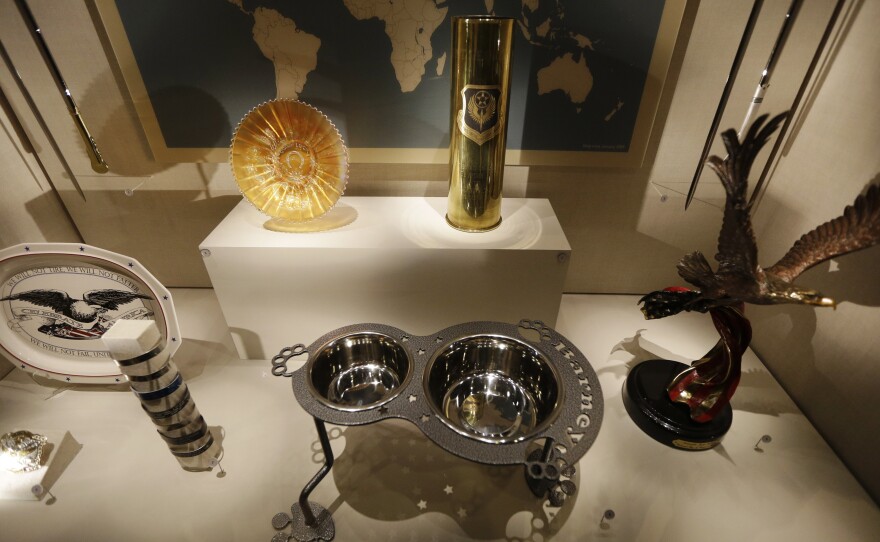 An ornate dog dish is among gifts given to President George W. Bush seen on display at the library.