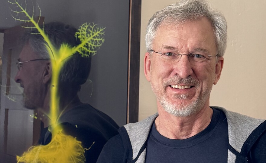 Scientist Keith Wood stands in his Ketchum home with a photo of a tobacco plant modified with a firefly gene