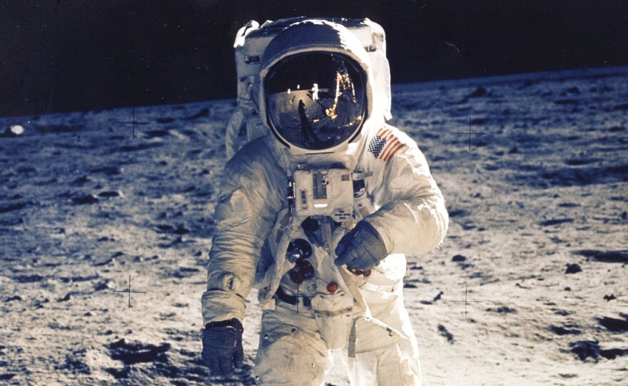 Astronaut Edwin "Buzz" Aldrin Jr., walks near the lunar module during the Apollo 11 moon landing on July 20, 1969.