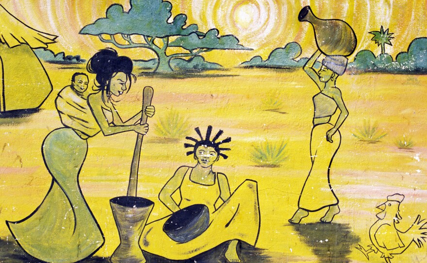 This scene of village life was painted on the wall of a northern coastal town in Mauritania.