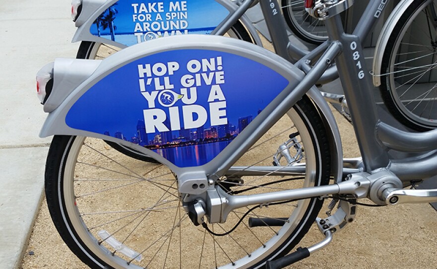 Bicycles that DecoBike has for rent are shown in downtown San Diego, June 27, 2015.