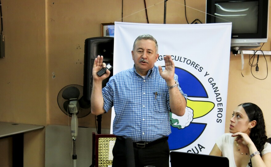 Francisco Telemaco Talavera gives a 2-hour presentation to Nicaraguan farmers on the benefits of the canal. Telemaco is the rector of a major Nicaraguan University and head of the Gran Canal Commission. He says the canal will create up to 200,000 jobs and lift the country, the second poorest in the hemisphere, out of poverty.