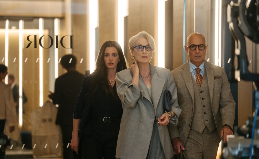 Anne Hathaway as Andy Sachs, Meryl Streep as Miranda Priestly and Stanley Tucci as Nigel Kipling.