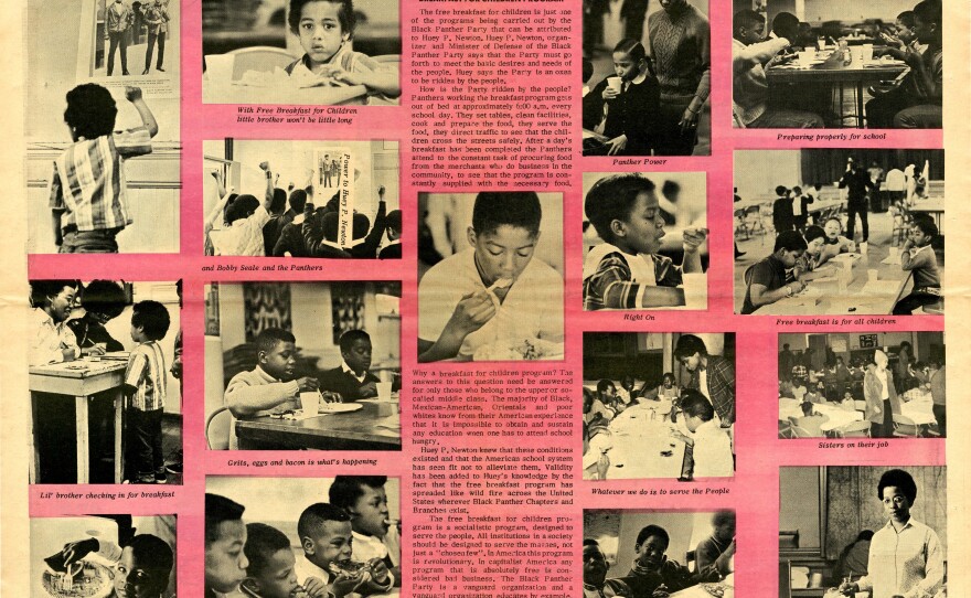 David F. Walker found documents in which FBI director J. Edgar Hoover said he hated the Black Panthers' breakfast program because it could potentially win the hearts of people. This is a page from one of the Black Panthers' newspapers.