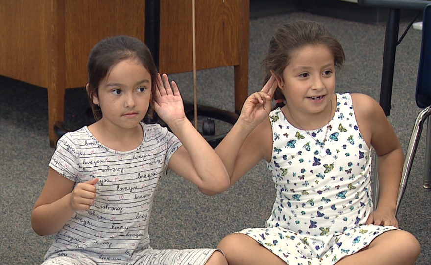 Second-graders at Meridian Elementary School dance to a song about listening, Sept. 19, 2017.