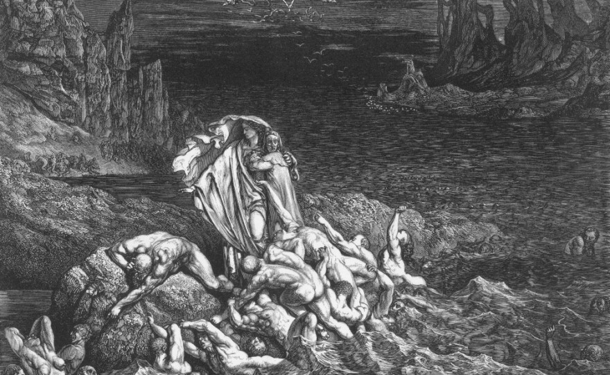 Hell was much written and thought about in 2011. In this 18th century engraving accompanying Dante's <em>Inferno,</em> Virgil leads the poet past souls writhing in torment in the River Styx.