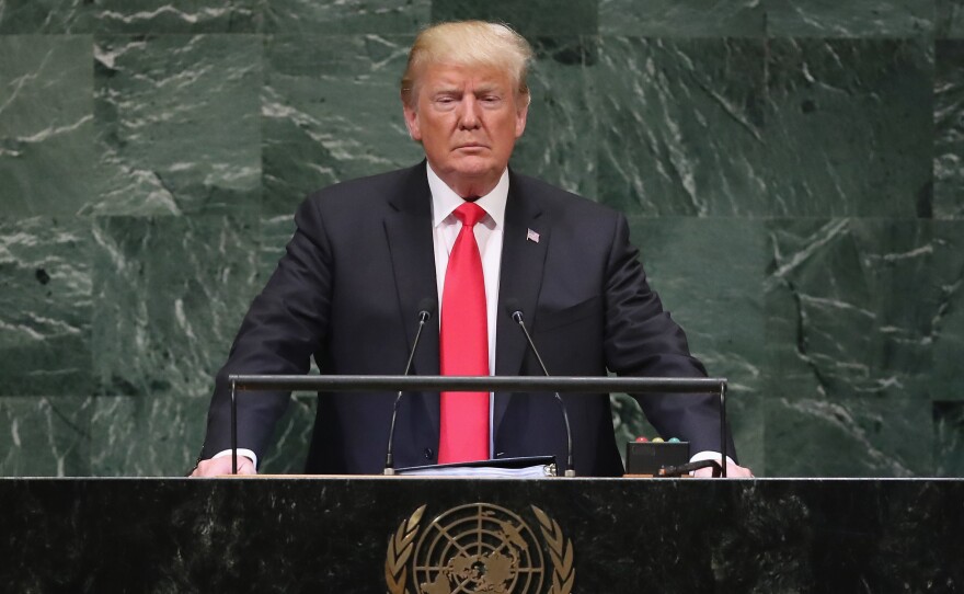 President Trump speaks before the U.N. General Assembly on Sept. 25, 2018. He'll address the assembly for the third time this week amid concerns about the role of U.S. leadership in the world.