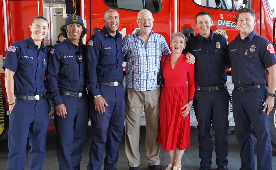 Left to right: SDFD firefighter Bree Moreland, SDFD firefighter/paramedic Roy Staten, SDFD Capt. Jonathan Harris, Steve Cline, Annette Cline, Falck paramedic Andrew McClanahan, and Falck EMT John Trevino III.