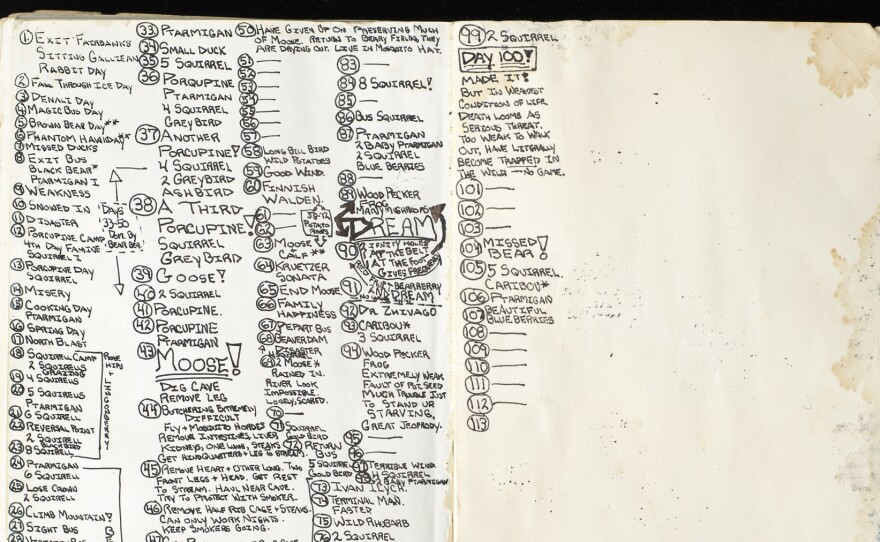 Christopher McCandless chronicled his 113-day journey in the back pages of a book on plants. On day 94, he writes: "Extremely weak. Fault of pot. seeds. Much trouble just to stand up. Starving. Great Jeopardy."
