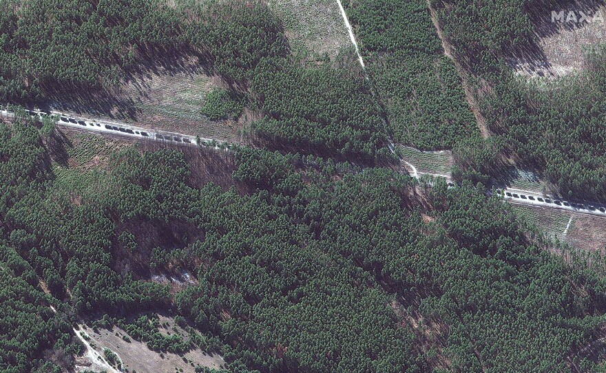 Military convoy southeast of Ivankiv, Ukraine.