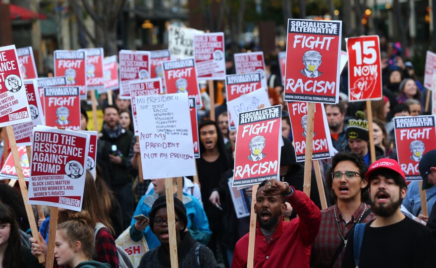 An anti-Trump rally is held on Wednesday in Seattle, Washington.