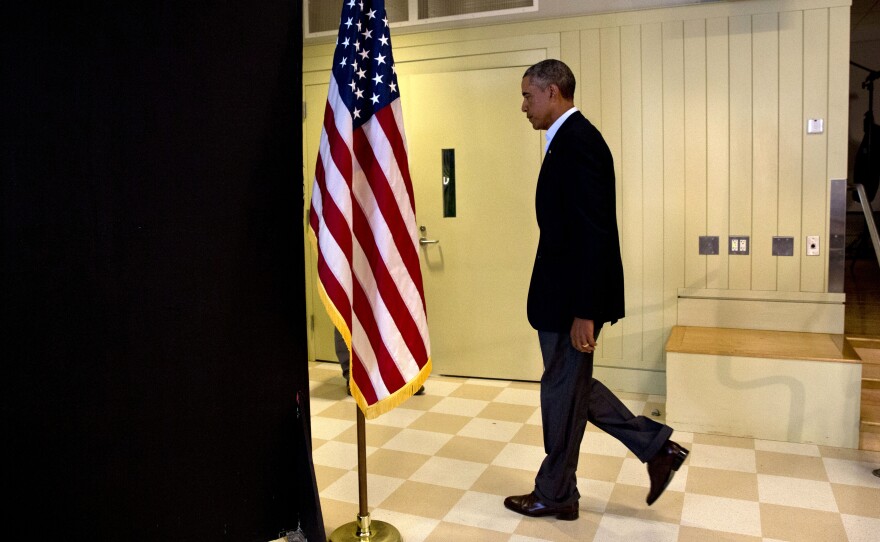 President Obama leaves after making a statement Wednesday about the killing of journalist James Foley in Syria. The president said the U.S. would continue to confront Islamic State extremists despite the brutal murder.