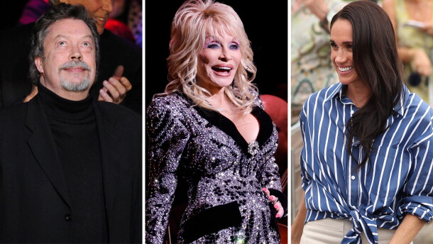 From left: Tim Curry, Dolly Parton, the Duchess of Sussex.
