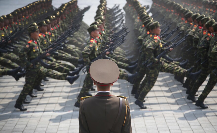 Soldiers march across Kim Il Sung Square during a military parade in Pyongyang.