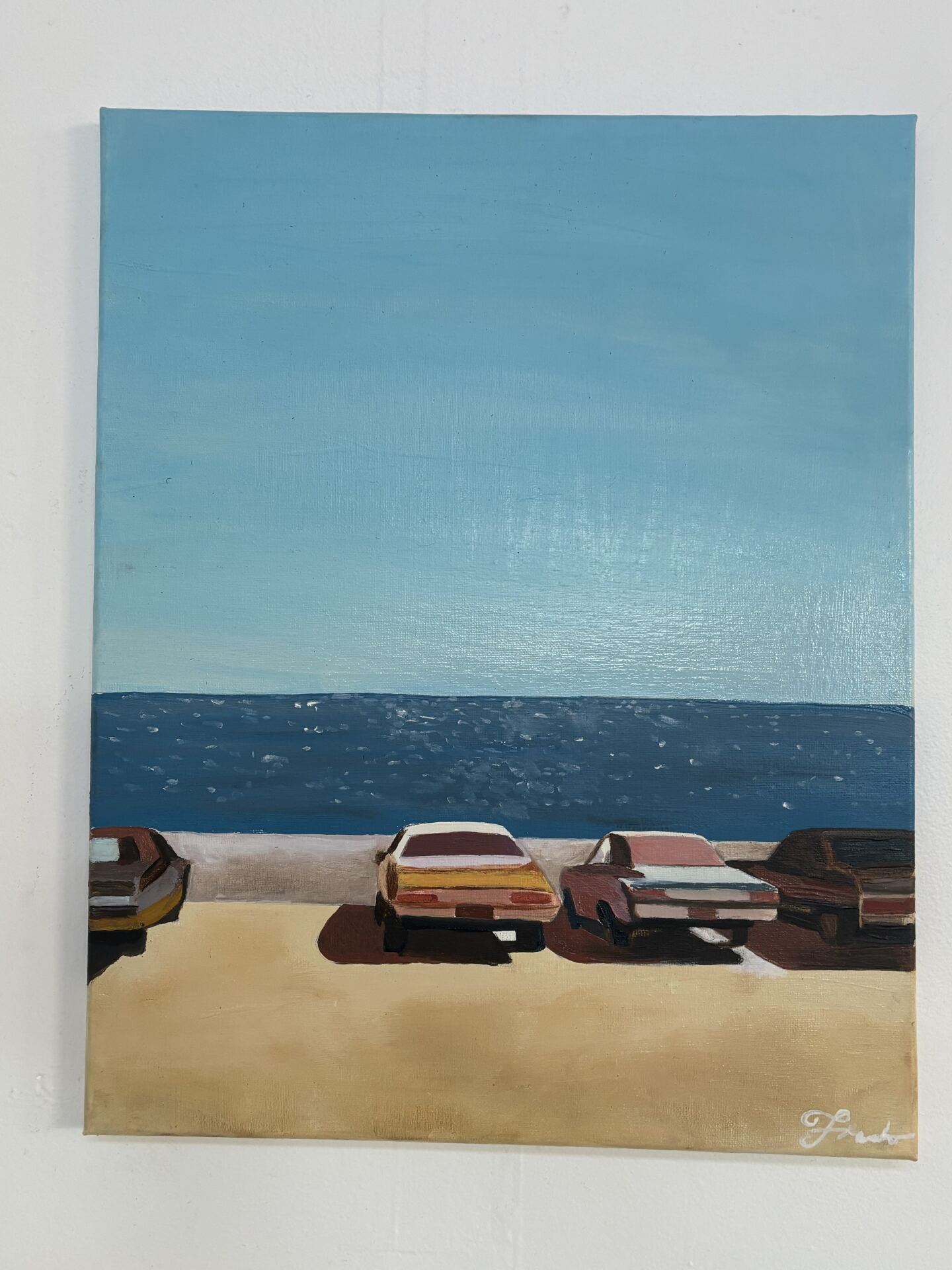 An oil painting inspired by a California beach day by Fredo Gillis for his art show in San Diego Made Factory on Sept. 28, 2025.
