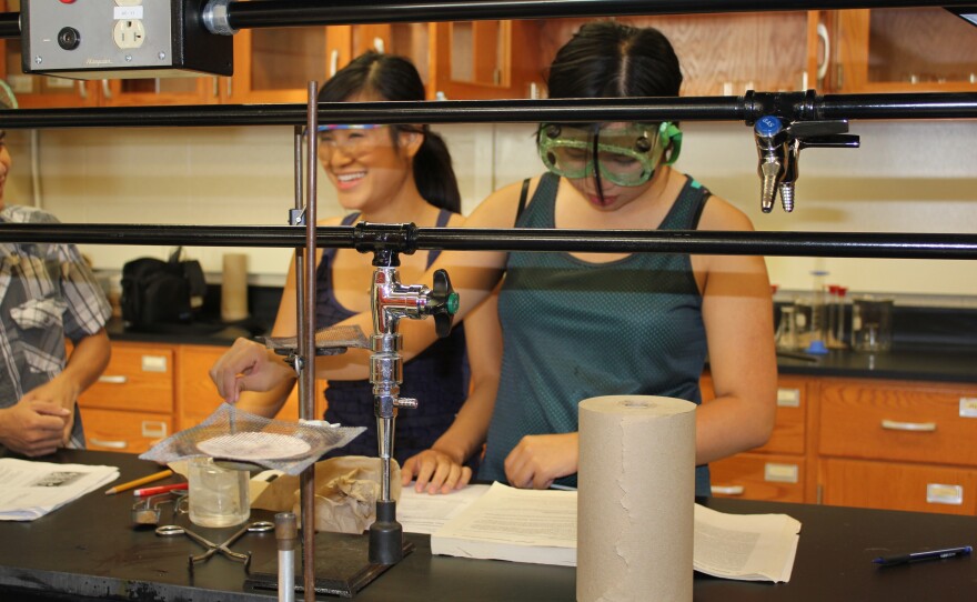 Binh Hua (left) and My Nguyen, both 18, work in the Garden City Community College chemistry lab. Both of their parents work at Tyson Food's Garden City plant.