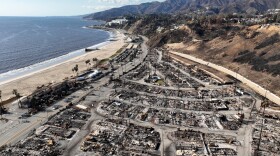 An aerial view shows the devastation left by the Palisades Fire in the Pacific Palisades section of Los Angeles, Jan. 27, 2025.