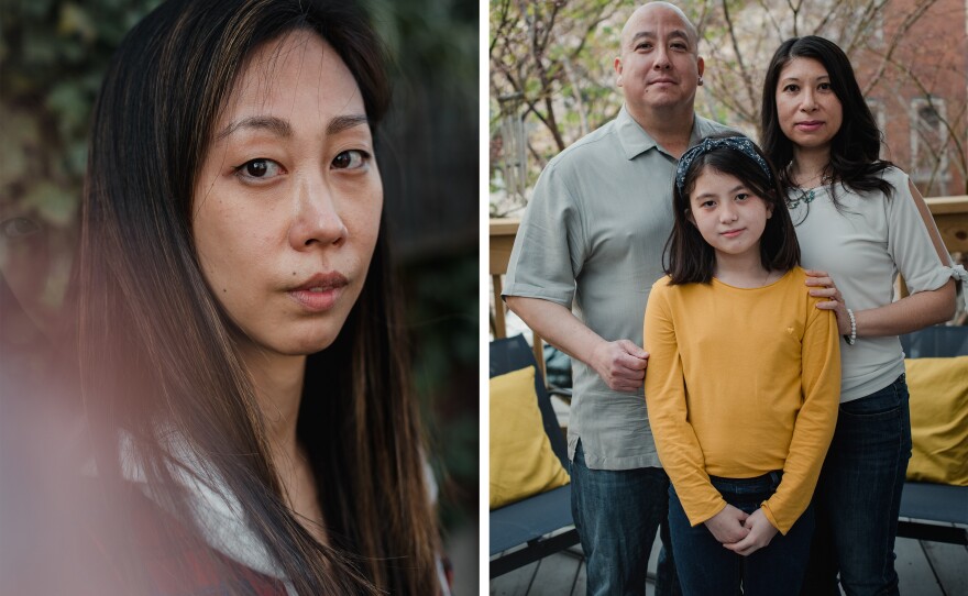 Left: Danielle Miller, 36, is a South Korean adoptee raised by white Jewish parents. Right: Cliff Akiyama, 47, and his wife, Romana Lee-Akiyama, 42, and their daughter, Hanalee Akiyama, 10, stand together for a portrait at their home.