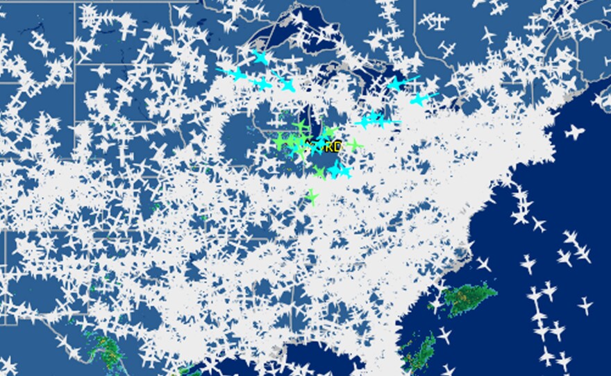 This screen shot provided by FlightAware shows airline traffic over the United States after hundreds of flights were canceled at Chicago airports due to a fire at an air control facility, Sept. 26, 2014.