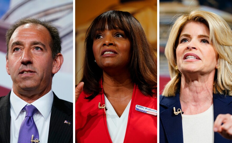 From left: Jeff Bartos, Kathy Barnette and Carla Sands take part in a forum for Pennsylvania Republican U.S. Senate candidates on April 2.