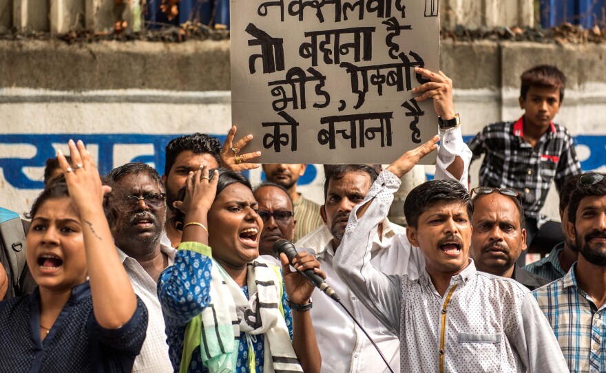 Demonstrators protest in Mumbai on June 8, 2018, over the arrests of social activists by Indian police.