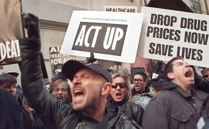 Protesters marked the 10th anniversary of the forming of ACT UP along Wall Street in New York City in 1997 by calling attention to the high price of AIDS drugs.