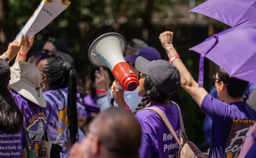 Supporters of SEIU Local 1000, rally in front of the Governor's Mansion in Sacramento on June 8, 2023.