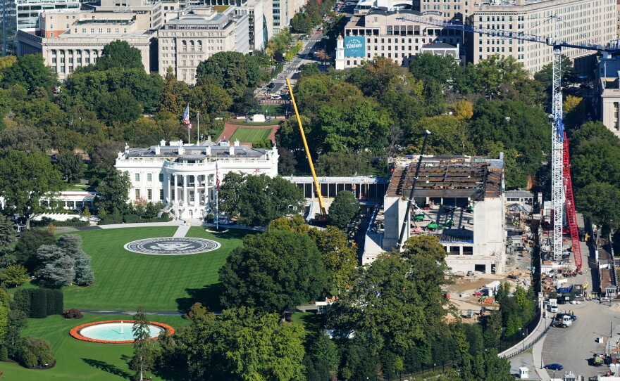 Construction continues on the White House Ballroom, as seen from the Washington Monument, Wednesday, Oct. 21, 2026, in Washington.